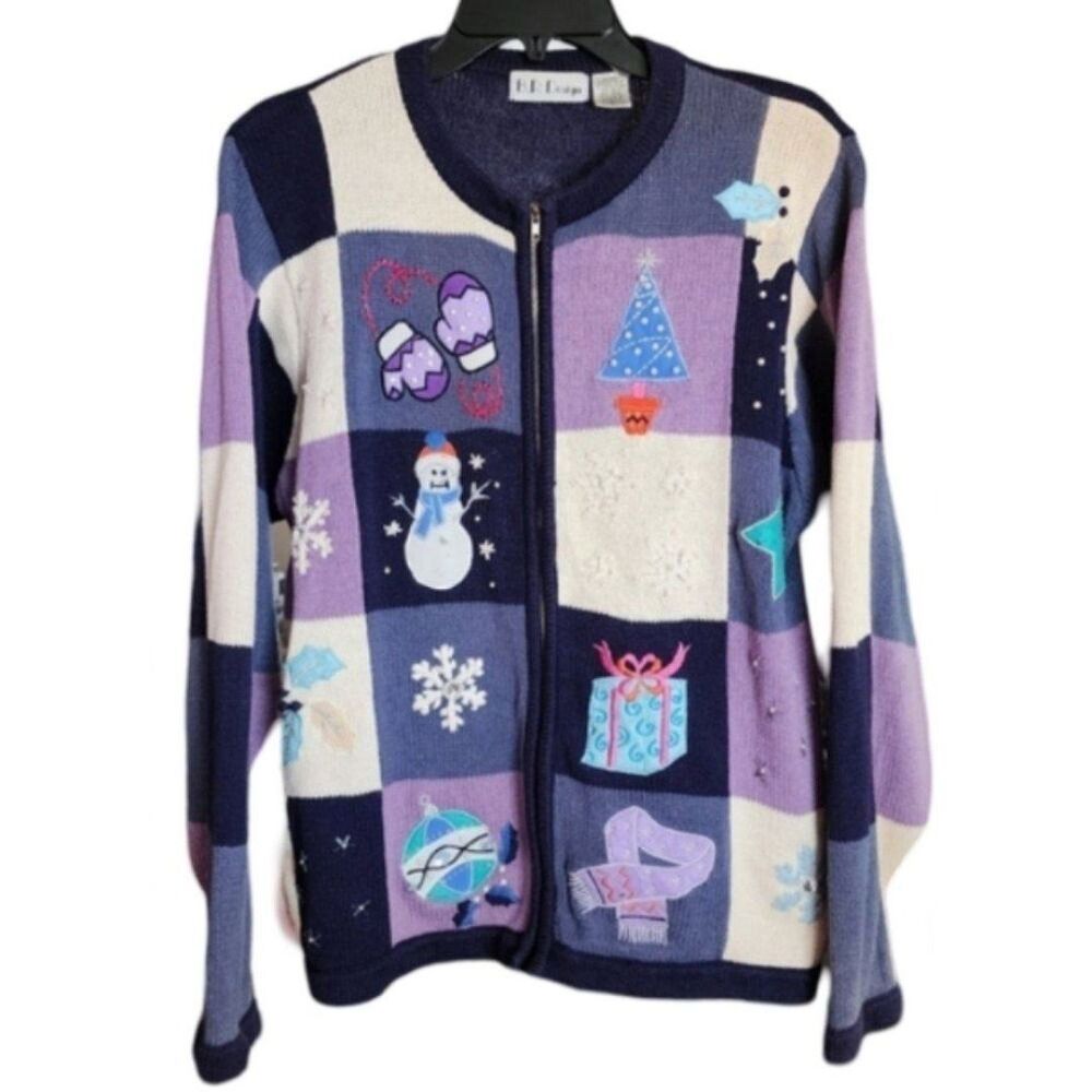 B.P. Design Holiday Zip Cardigan Ugly Sweater XL Snowman Patchwork Vintage‎ Y2K